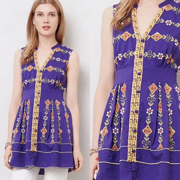 Maeve Anthropologie Purple Ionia Embroidered Beaded Tunic Top Sz 8 - Picture 2 of 13